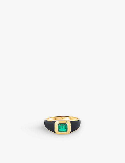 V BY LAURA VANN: Sophie 18ct yellow gold-plated vermeil recycled sterling-silver, emerald and enamel signet ring