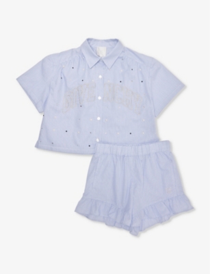 Shop Givenchy Brand-embroidered Stripe-print Two-piece Cotton Set 6-12+ Years In White  Blue