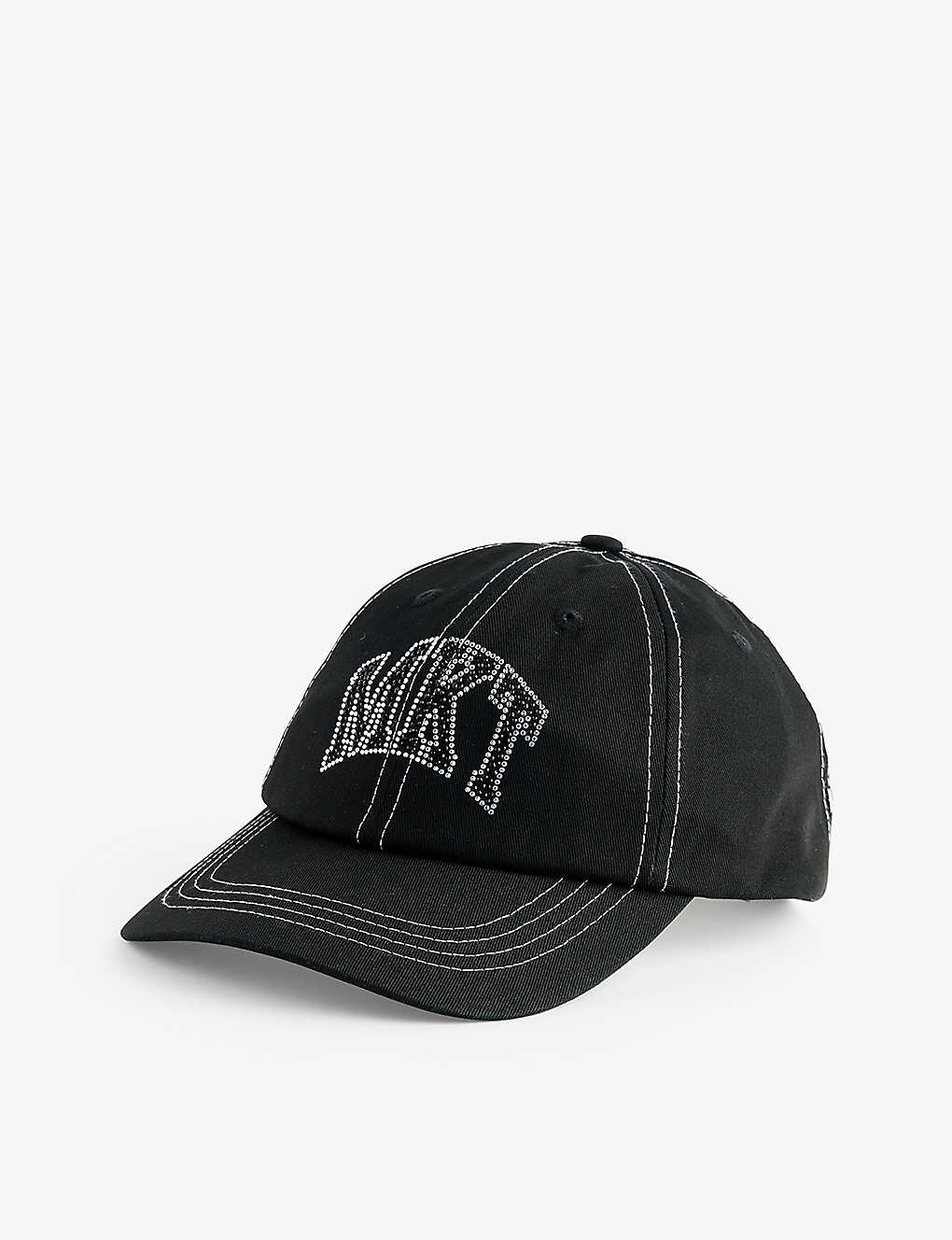 Market Branded Rhinestone-embellished Cotton-twill Trucker Cap In Washed Black