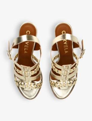 Shop Carvela Comfort Krill Woven-strap Heeled Leather Sandals In Gold