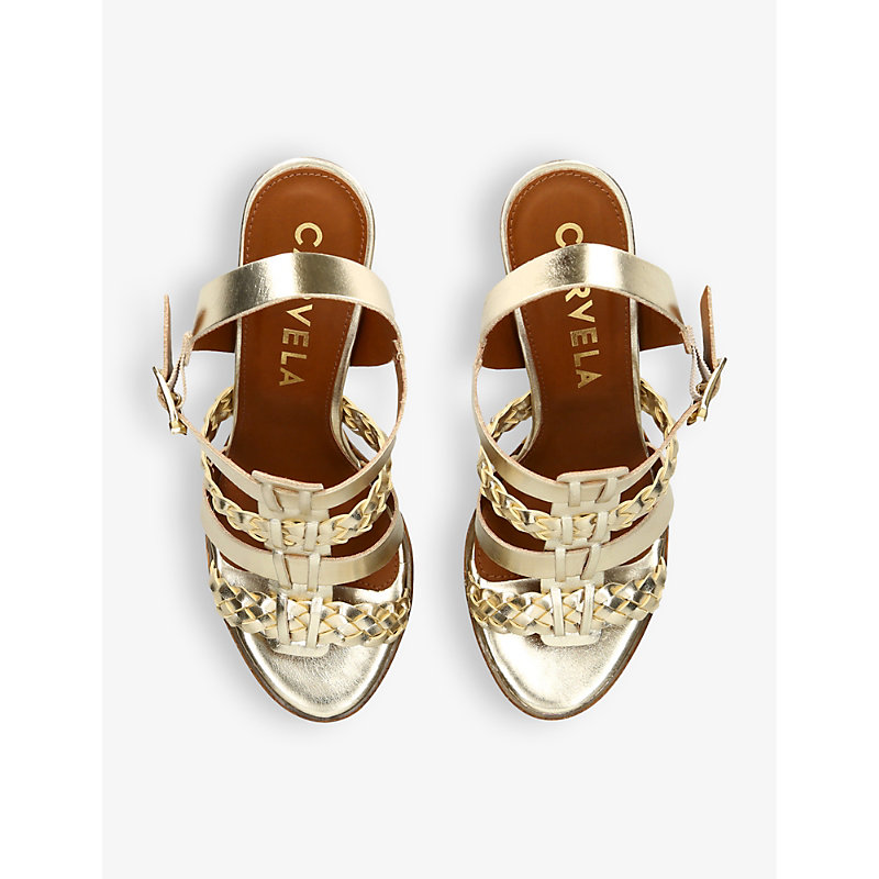 Shop Carvela Comfort Women's Gold Krill Woven-strap Heeled Leather Sandals
