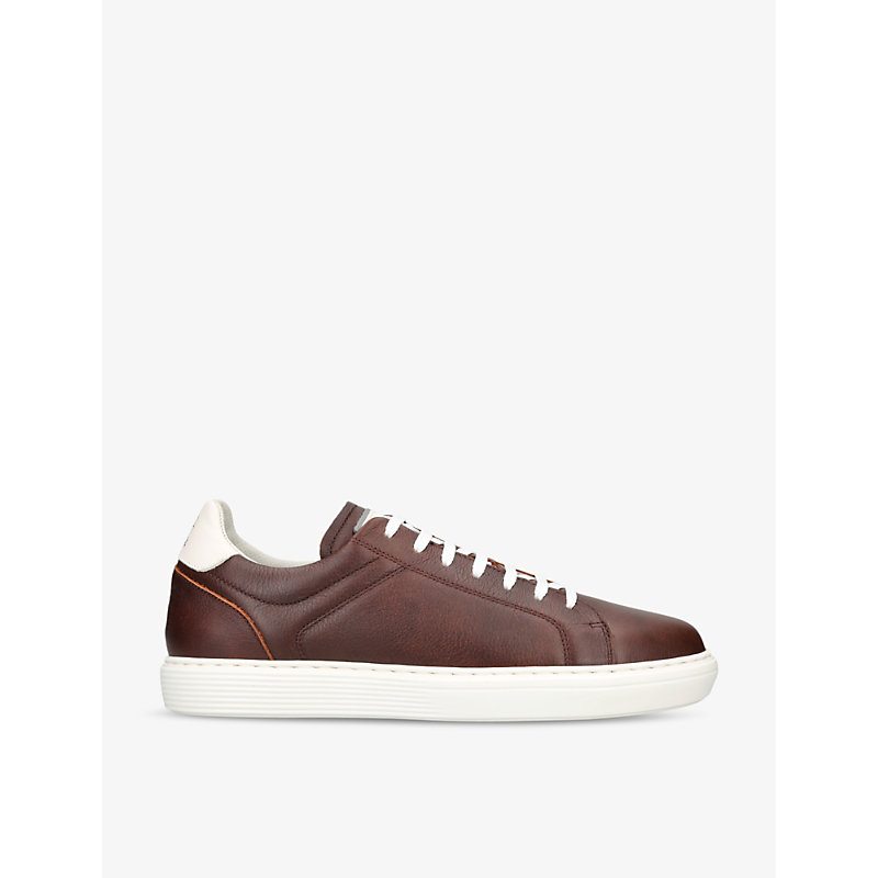 Brunello Cucinelli Mens Brown Contrast-trim Leather Low-top Trainers