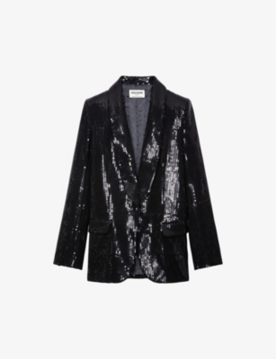 ZADIG & VOLTAIRE ZADIG&VOLTAIRE WOMEN'S NOIR VIVE SHAWL-LAPEL SEQUIN-EMBELLISHED STRETCH-WOVEN BLAZER