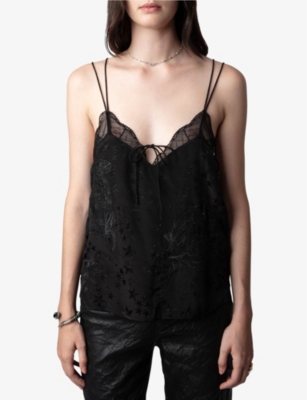 Shop Zadig & Voltaire Zadig&voltaire Womens Noir Capela Jacquard-star Lace-embroidered Silk Cami