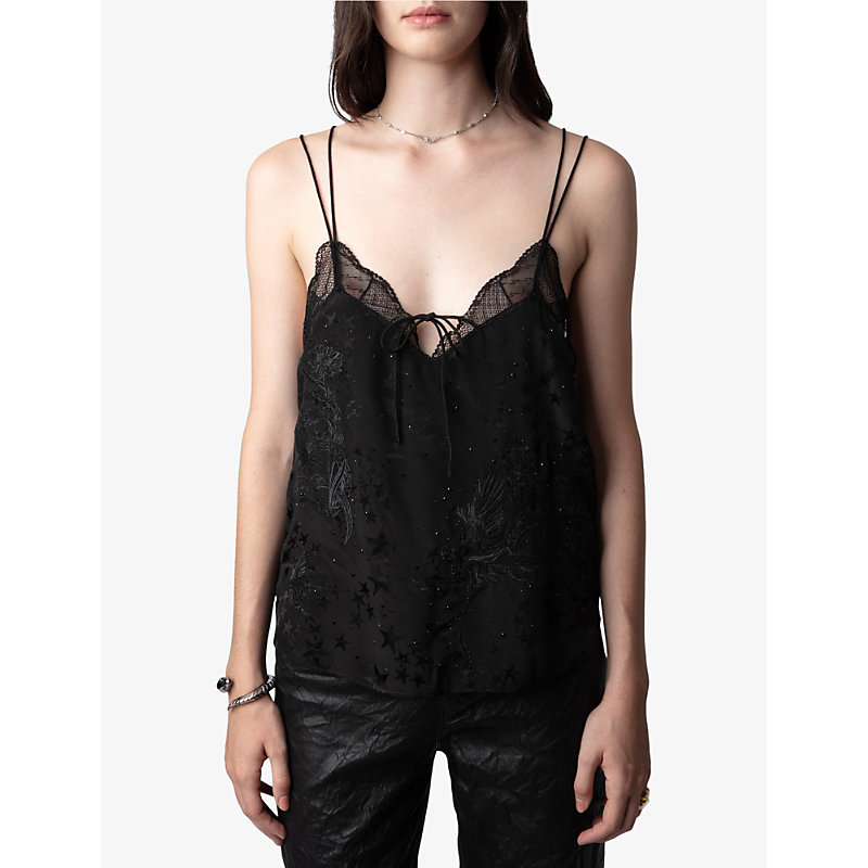 Shop Zadig & Voltaire Zadig&voltaire Womens Noir Capela Jacquard-star Lace-embroidered Silk Cami