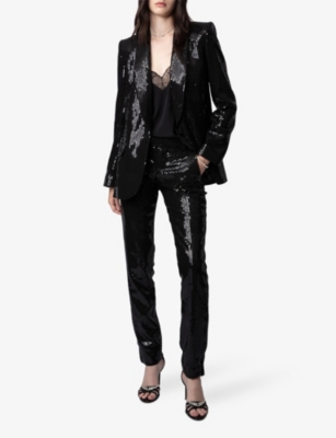 Shop Zadig & Voltaire Zadig&voltaire Women's Noir Prune Sequin-embellished Stretch Woven-blend Trousers