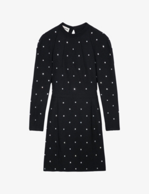 Zadig & Voltaire Racia Rhinestone Detail Long Sleeve Open Back Minidress In Noir