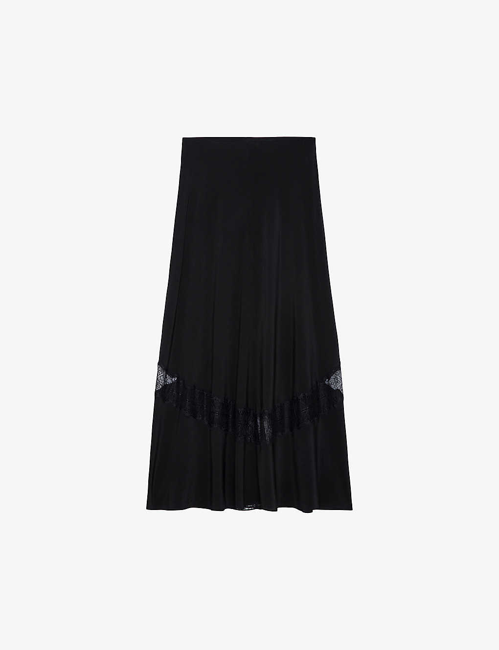 Shop Zadig & Voltaire Zadig&voltaire Women's Noir Jaylal Lace-embroidered Flared-hem Silk Midi Skirt