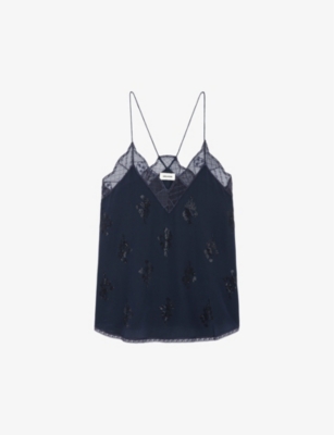 Shop Zadig & Voltaire Zadig&voltaire Womens Encre Christy Lace-trim Silk Camisole Top In Blue