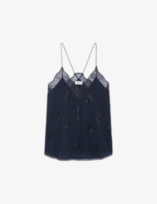 Zadig & Voltaire Christy Rhinestone-embellished Silk Top In Blue