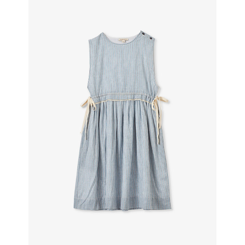 Shop Caramel Colima Floral-print Side-tie Cotton Dress 3-12 Years In Blue Stripe