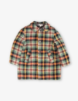 Caramel Babies'  Orange Check Everest Buttoned-cuffs Collared Wool Coat 3-8 Years
