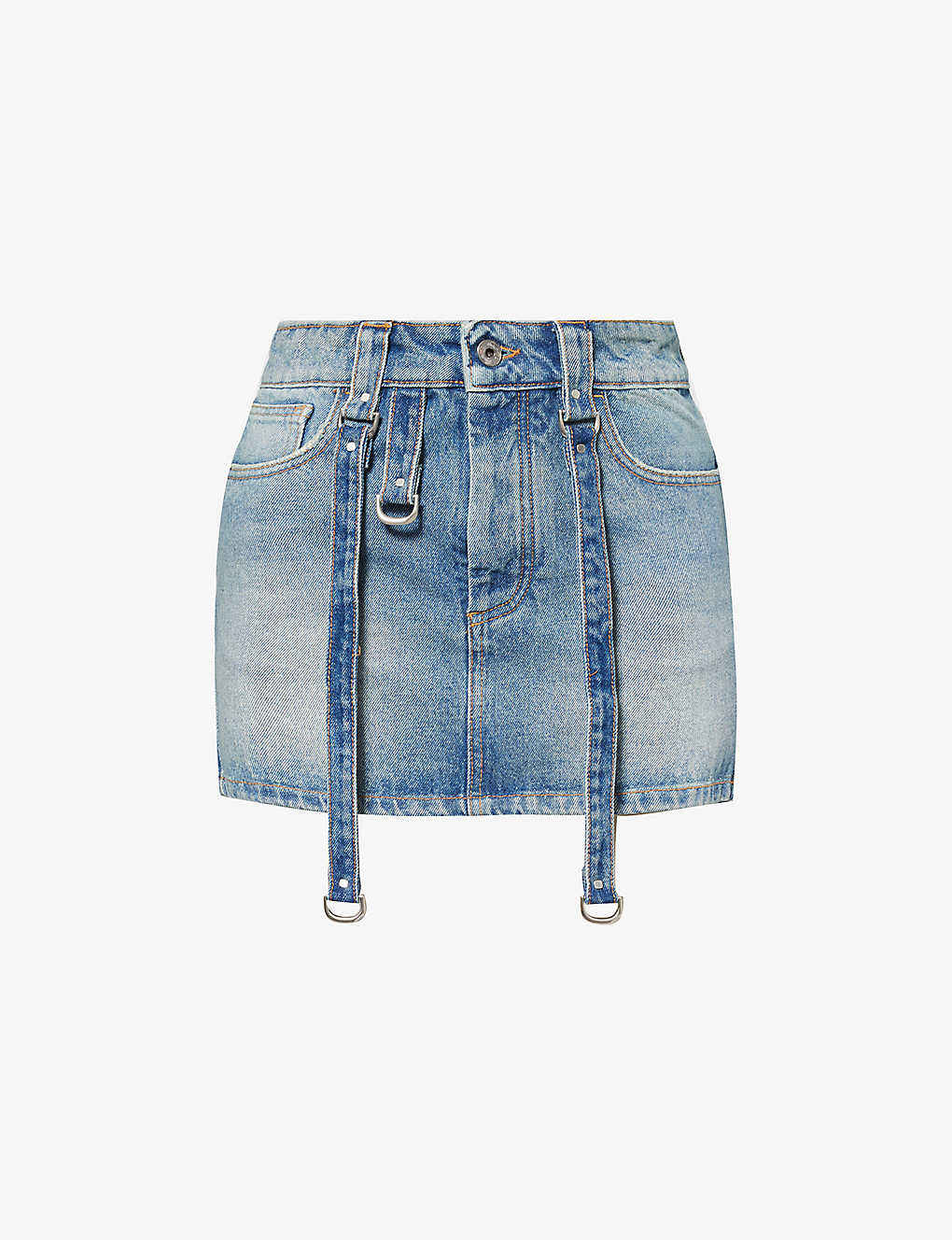 Shop Off-white C/o Virgil Abloh Women's Blue Branded-hardware Faded-wash Denim Mini Skirt