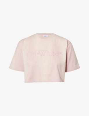 Shop Off-white C/o Virgil Abloh Women's Burnished Brand-embellished Cropped Cotton-jersey T-shirt