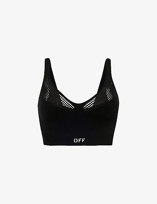 OFF-WHITE C/O VIRGIL ABLOH: Logo-print mesh-panel stretch-woven sports bra