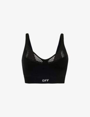 Shop Off-white C/o Virgil Abloh Women's Black White Logo-print Mesh-panel Stretch-woven Sports Bra