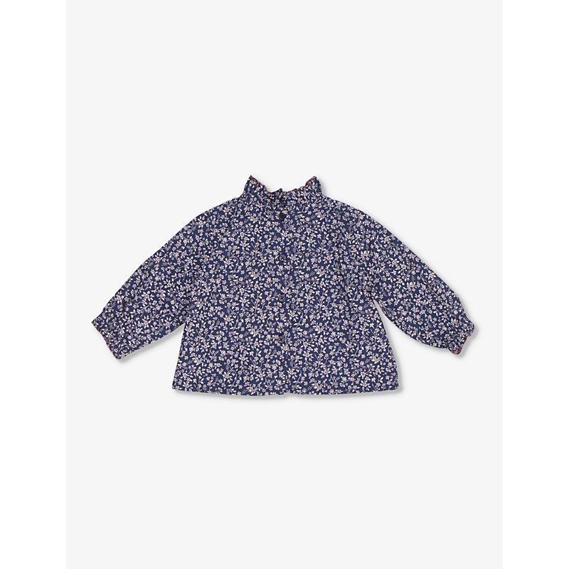 Shop Caramel Amicia Frill-collar Long-sleeve Cotton Blouse 12-24 Months In Navy Floral