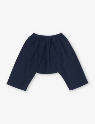 Shop Caramel Dark Navy Linum Stripe-pattern Elasticated-waist Cotton Trousers 1-2 Years