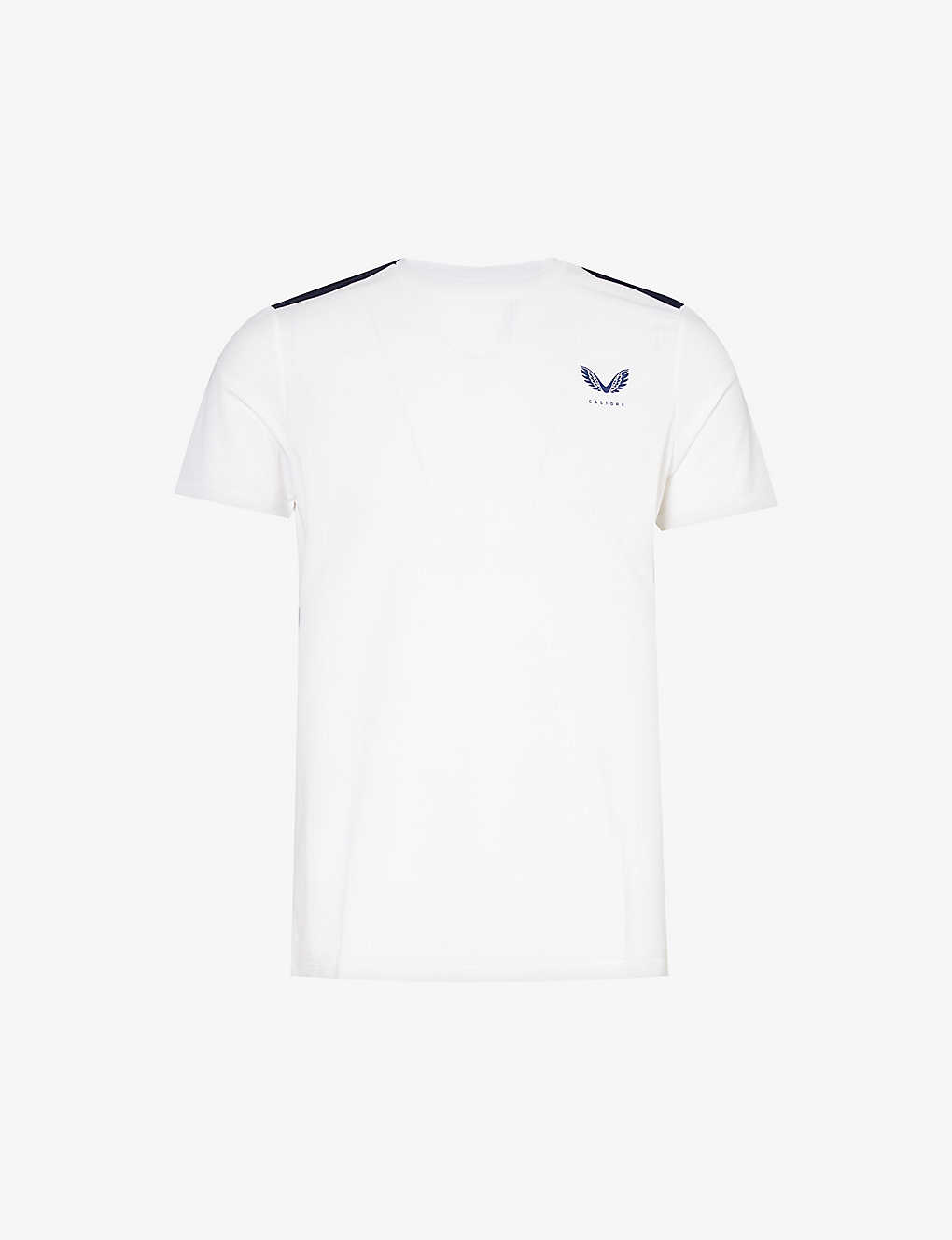 Castore Brand-print Contrast-panel Mesh T-shirt In White / Navy