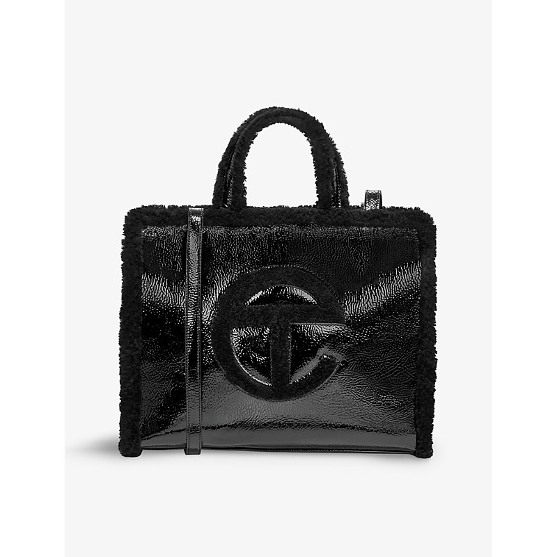 Ugg X Telfar Womens Black Medium Crinkled-leather Sheepskin-trim Tote Bag