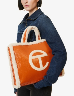 Shop Ugg X Telfar Women's Spicy Pumkin Medium Crinkled-leather Sheepskin-trim Tote Bag