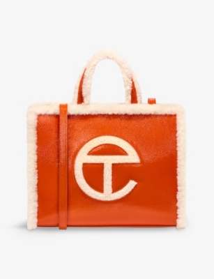 Ugg X Telfar Womens Spicy Pumkin Medium Crinkled-leather Sheepskin-trim Tote Bag