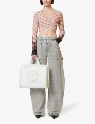 Shop Ugg X Telfar Women's White Medium Crinkled-leather Sheepskin-trim Tote Bag