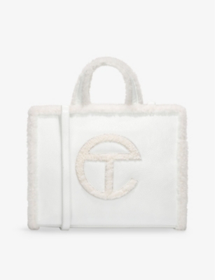 Shop Ugg X Telfar Women's White Medium Crinkled-leather Sheepskin-trim Tote Bag