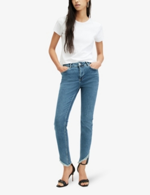 Shop Allsaints Women's Hunter Blue Dax Asymmetric-hem Skinny High-rise Stretch-denim Jeans