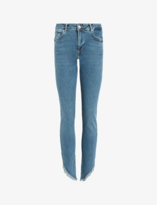 Shop Allsaints Women's Hunter Blue Dax Asymmetric-hem Skinny High-rise Stretch-denim Jeans