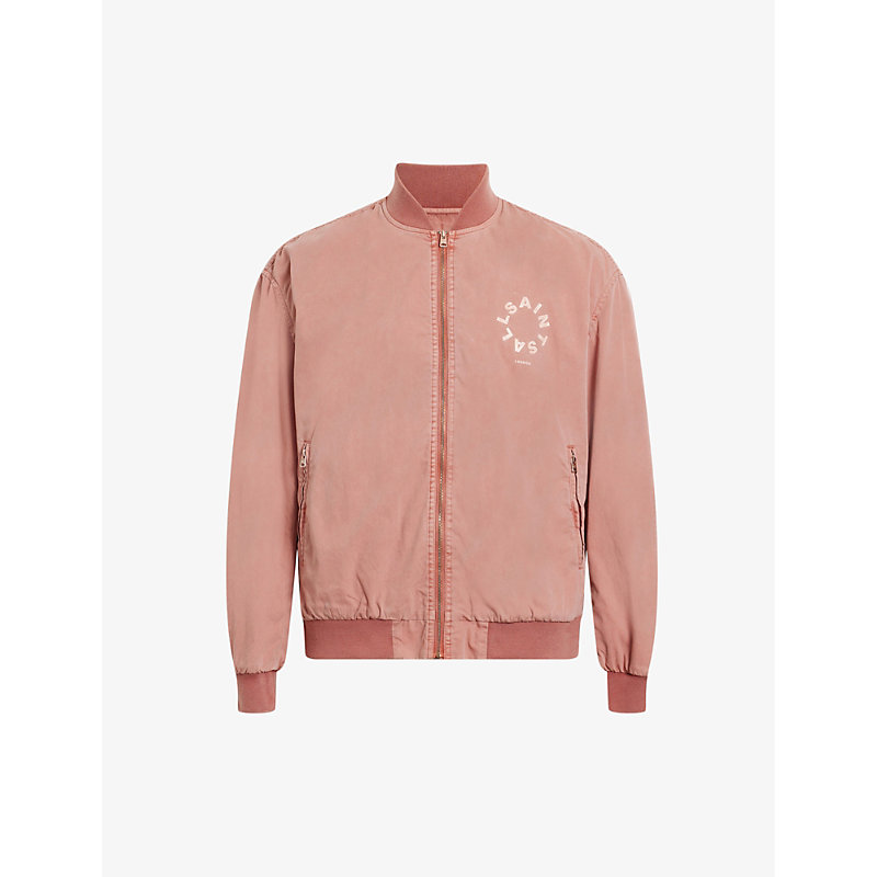 Shop Allsaints Tierra Graphic-print Relaxed-fit Organic-cotton Bomber Jacket In Bramble Pink