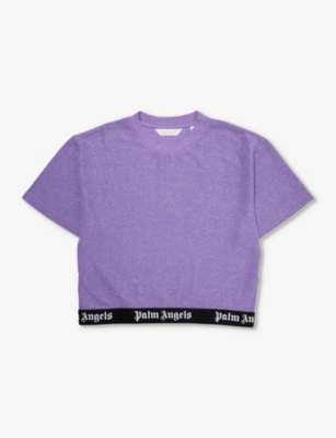 Shop Palm Angels Logo-hem Cropped Stretch-woven Blend Top 8-12 Years In Lilac Black