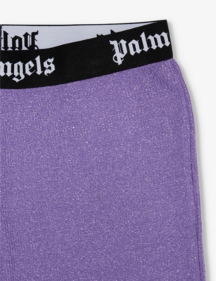 Shop Palm Angels Girls Lilac Black Kids Logo-waistband Flared-leg Stretch-woven Blend Trousers 8-12 Years