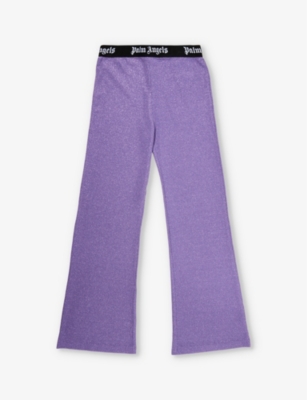 Shop Palm Angels Girls Lilac Black Kids Logo-waistband Flared-leg Stretch-woven Blend Trousers 8-12 Years