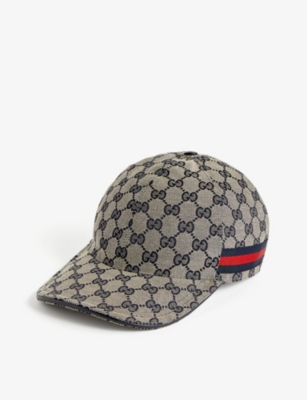 Gucci Womens Beige Blu+blu+b/r/b Monogram-pattern Striped-trim Canvas Cap