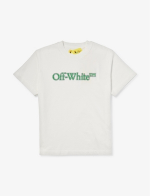 Shop Off-white C/o Virgil Abloh Boys White Green Kids Big Bookish-logo Short-sleeves Cotton-jersey T-shir