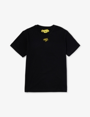 Shop Off-white C/o Virgil Abloh Boys Black Yellow Kids Stamp-logo Short-sleeves Cotton-jersey T-shirt 6-1