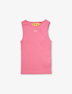 Off-white Kids' Stamp-logo Sleeveless Stretch-cotton Top 6-12 Years In Fuchsia White