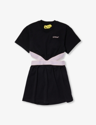 Shop Off-white C/o Virgil Abloh Girls Black Lilac Kids Bookish Logo-tape Short-sleeve Cotton-jersey Dress