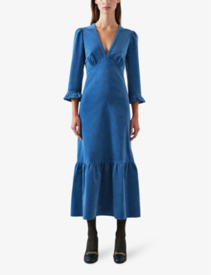 Shop Lk Bennett Womens Blu-blue Deborah Fluted-hem Corduroy Midi Dress
