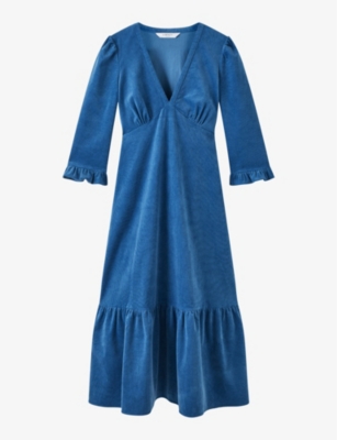 Shop Lk Bennett Women's Blu-blue Deborah Fluted-hem Corduroy Midi Dress