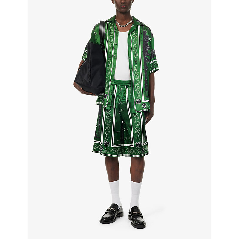 Shop Off-white Bandana Graphic-print Satin Shorts In Willow