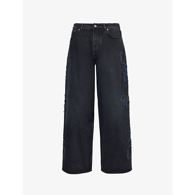 Shop Off-white C/o Virgil Abloh Mens Vintage Black Natlover Distressed Wide-leg Jeans
