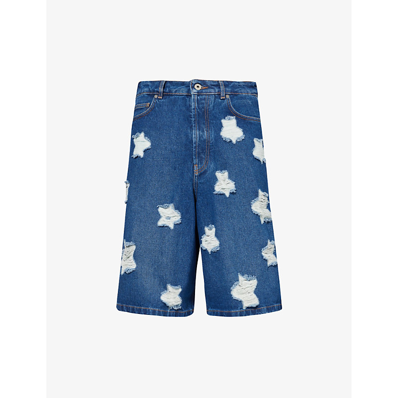 Shop Off-white C/o Virgil Abloh Men's Medium Blue Distressed-star Relaxed-fit Denim Shorts