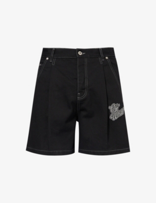 Shop Off-white C/o Virgil Abloh Men's Raw Black Angora 90s Logo-embroidered Denim Shorts