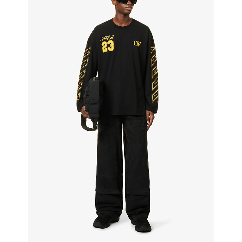 Shop Off-white C/o Virgil Abloh Men's Black Gold Wide Graphic-print Cotton-jersey Sweatshirt