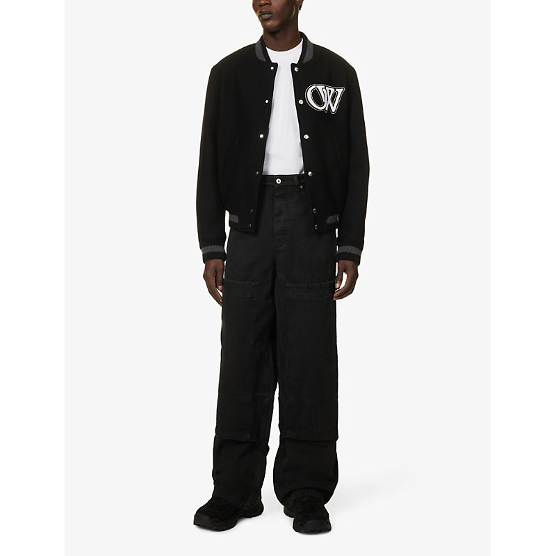 Shop Off-white C/o Virgil Abloh Men's Black Carpenter Brand-patch Wide-leg Relaxed-fit Jeans