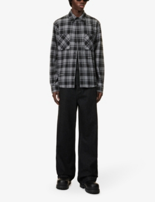 Shop Off-white C/o Virgil Abloh Men's Grey Black Checked Logo-embroidered Cotton Shirt