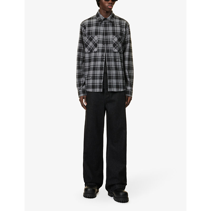 Shop Off-white Checked Logo-embroidered Cotton In Grey Black