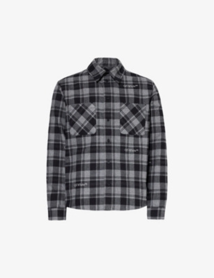 Shop Off-white C/o Virgil Abloh Men's Grey Black Checked Logo-embroidered Cotton Shirt